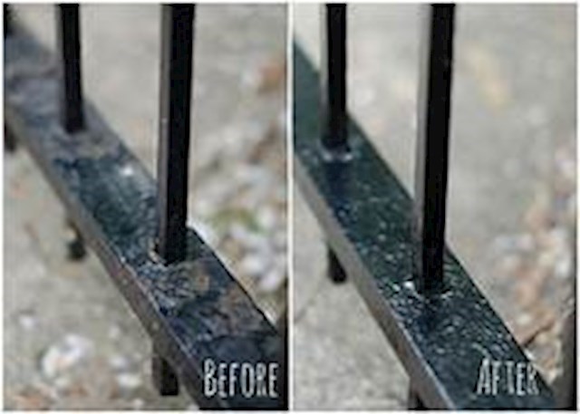 Before and After mobile spray pained iron railing provided by Evans Sandblasting in Monaghan.
