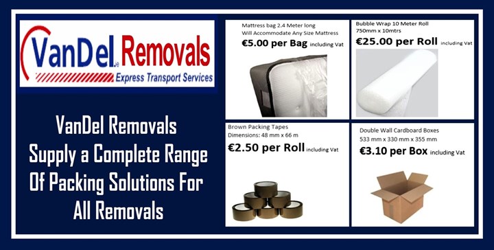 VanDel removals - Commercial and Residential Delivery Serivces Dublin 15 - Packing solutions price list - link to packing options page on VanDel.ie