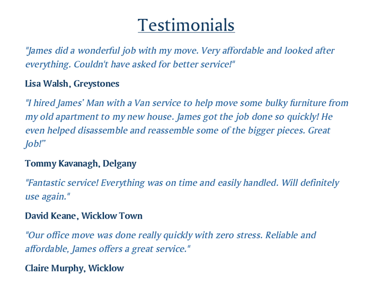 Man With Van Wicklow Testimonials