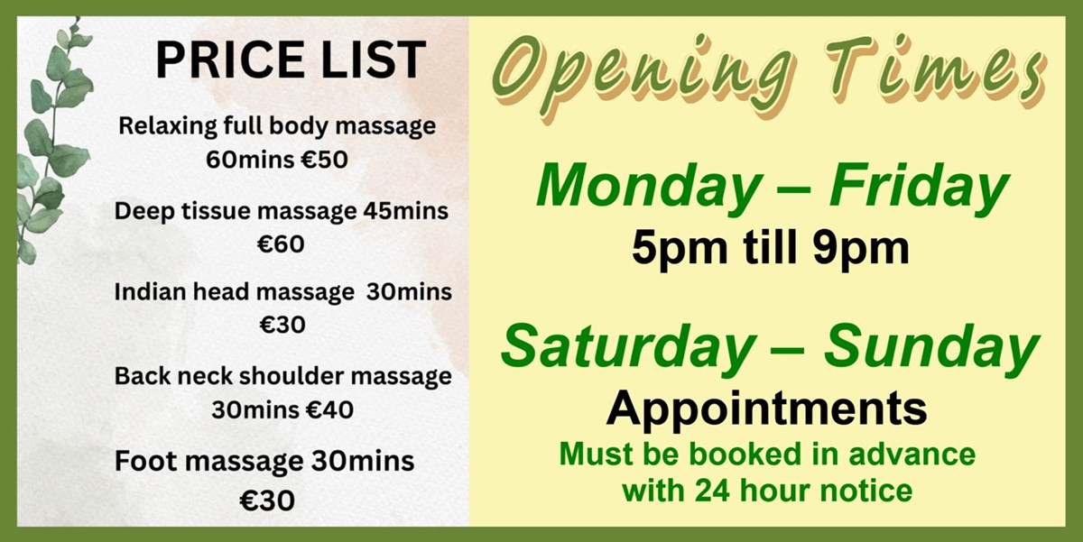 Prices and Opening Hours - Balbriggan Massage
