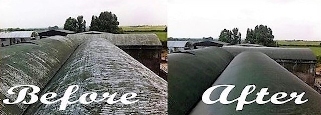 image of before and after roof spray painting on farm buildings